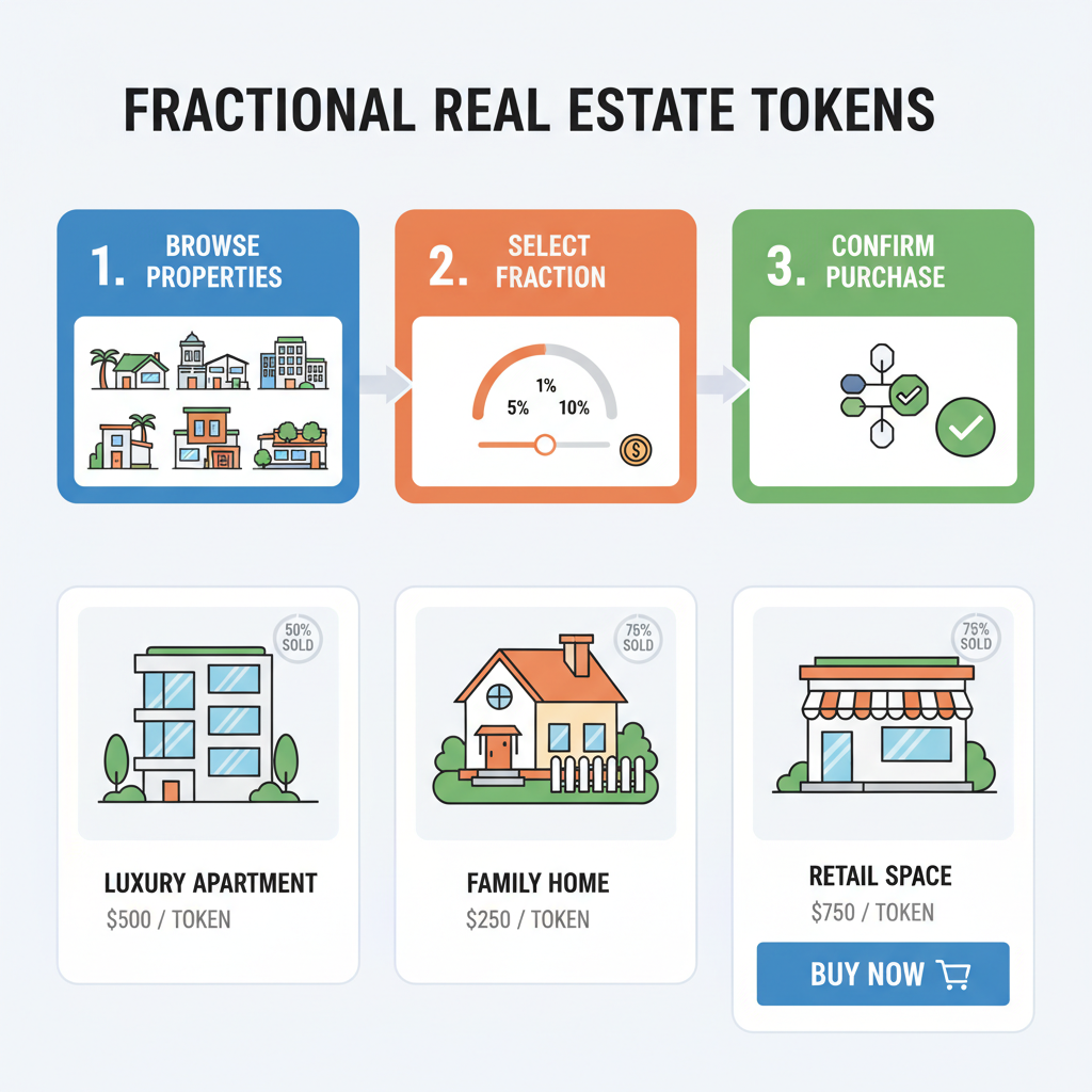 digital dashboard buying fractional real estate tokens with property visuals