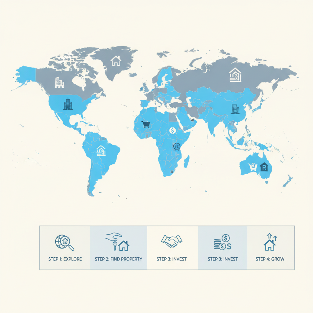 world map highlighting 30 countries with real estate icons and marketplace logos