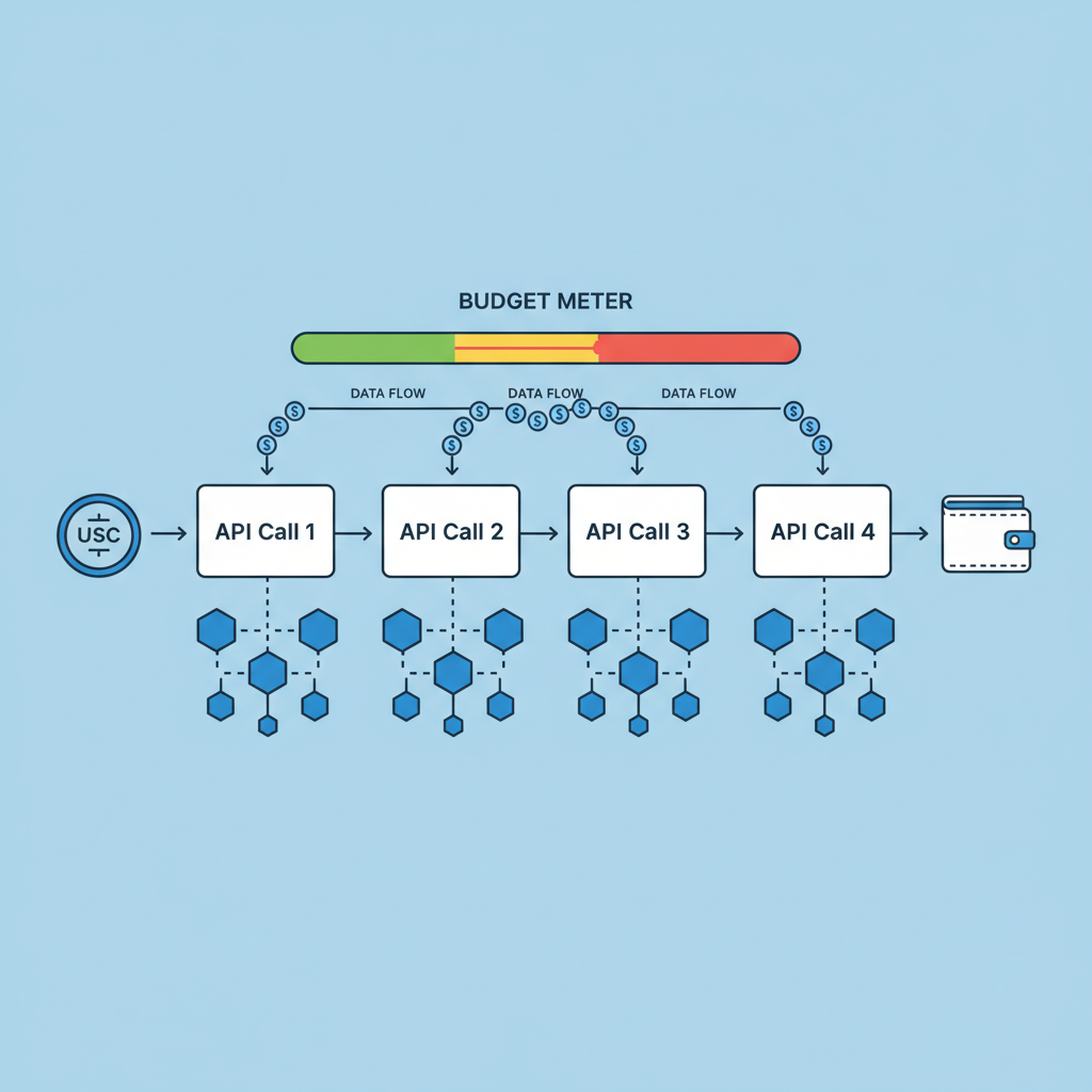 chained API calls with budget meter, USDC flowing, blockchain nodes connected