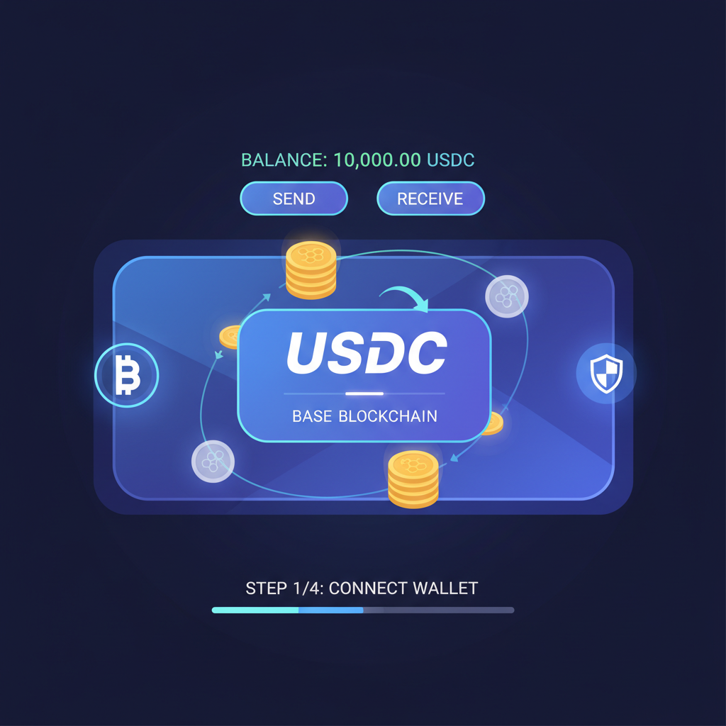 digital wallet interface with USDC on Base blockchain, glowing coins, futuristic dashboard