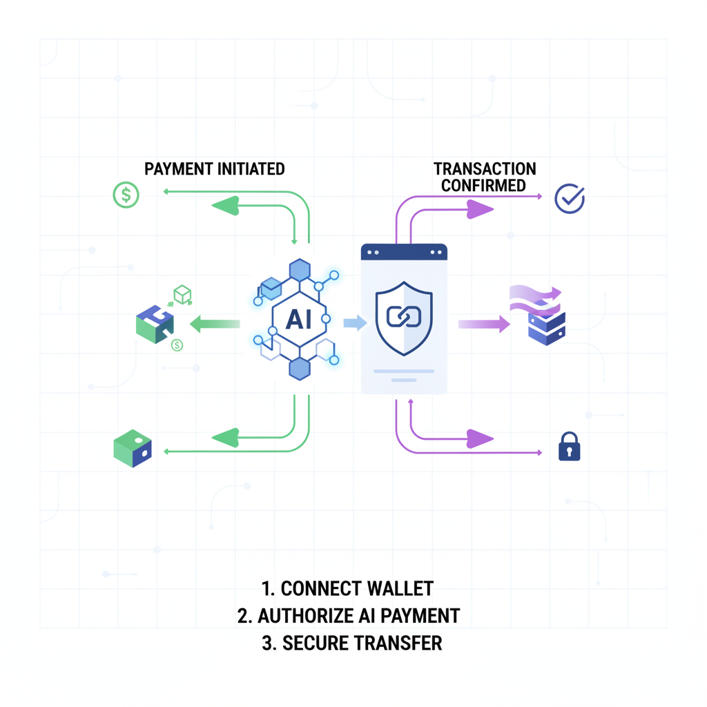 AI agent icon integrating with blockchain wallet, payment flows visualized, high-tech