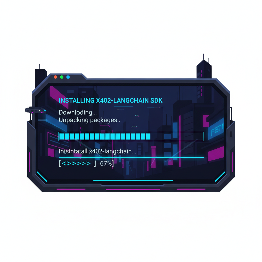 sleek terminal installing x402-langchain SDK, neon code glow, cyberpunk style