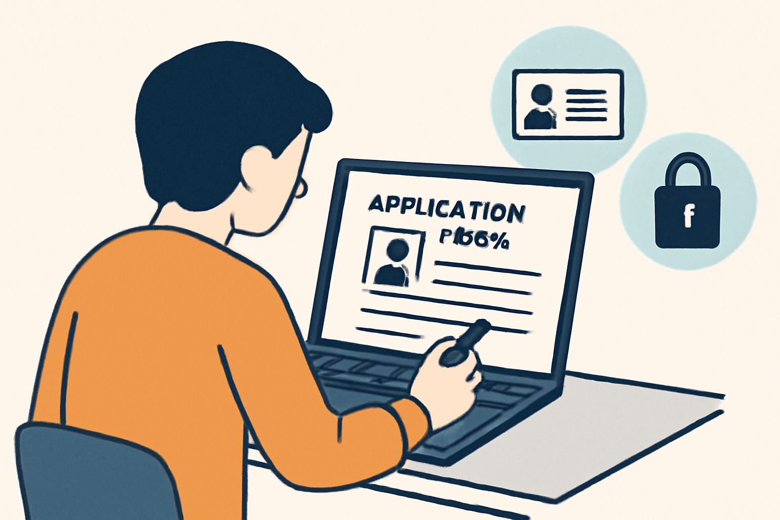 A person filling out an online application form on a laptop, with icons representing ID verification and security.