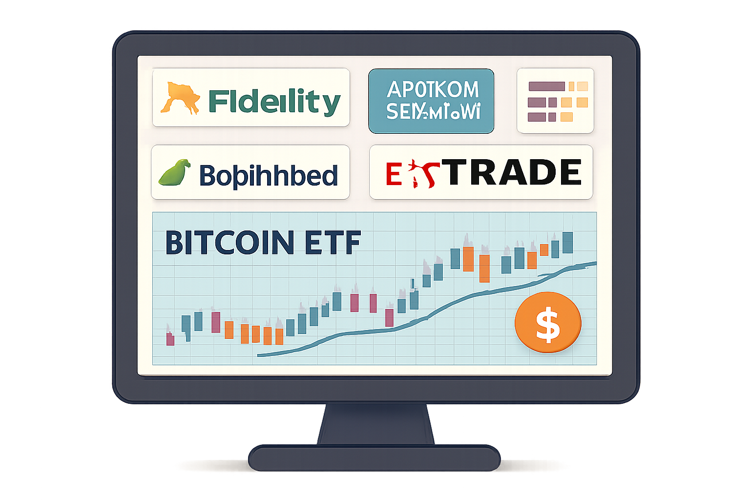 A computer screen displaying logos of major brokerages (Fidelity, Charles Schwab, E*TRADE, Robinhood, Interactive Brokers) with a Bitcoin ETF chart in the background.