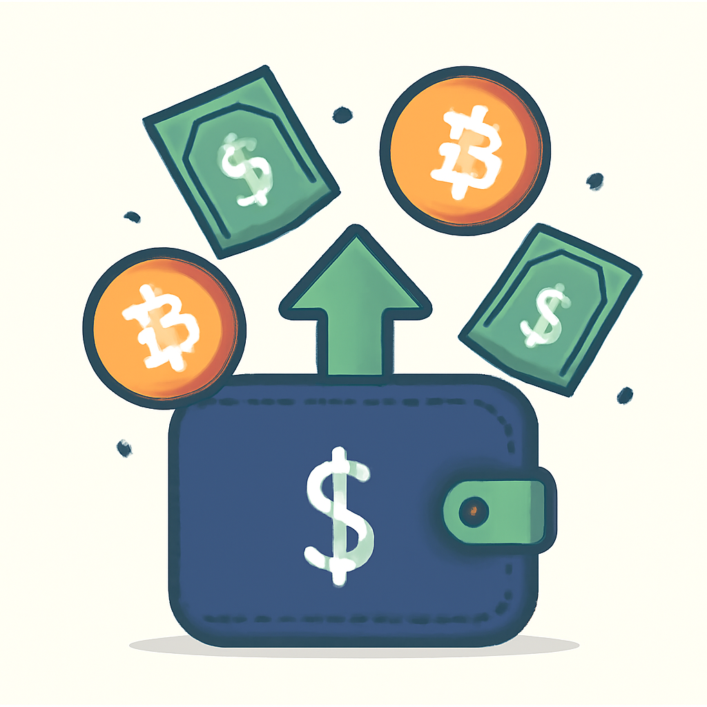 A digital wallet or account balance increasing, with dollar bills and Bitcoin symbols floating in.