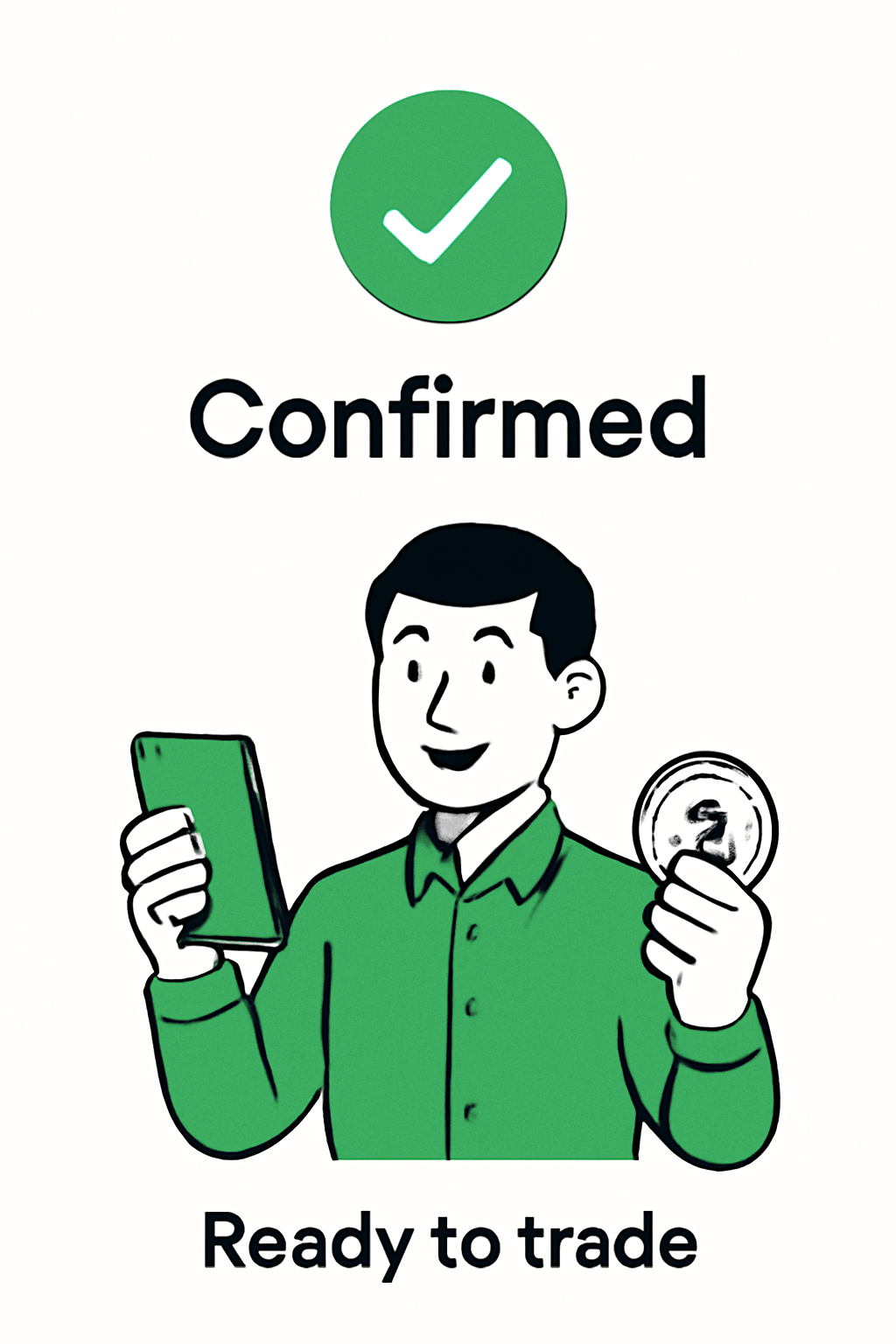 A confirmation screen with a green checkmark and a happy investor ready to trade.