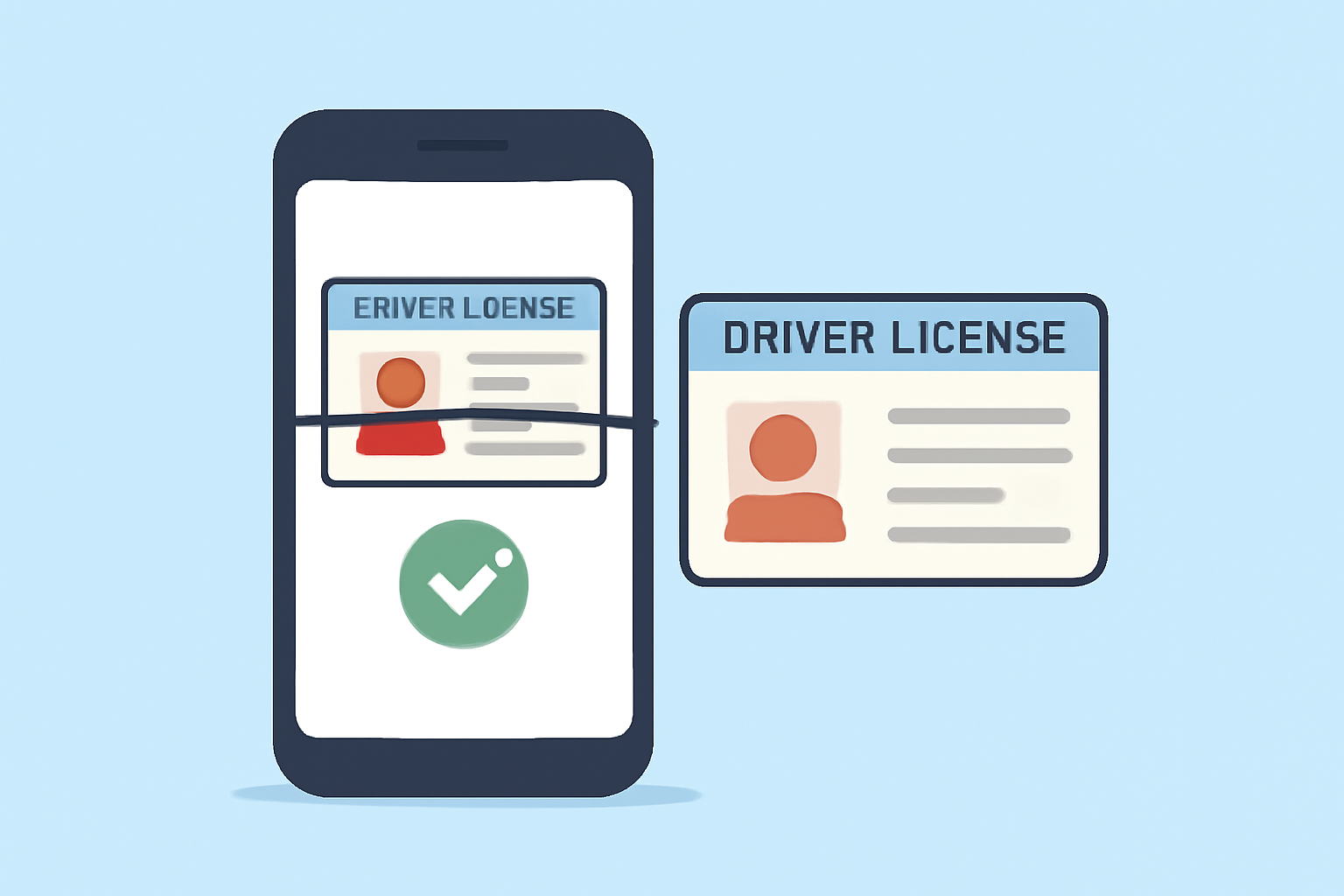 A smartphone scanning a driver’s license, with a checkmark indicating successful verification.