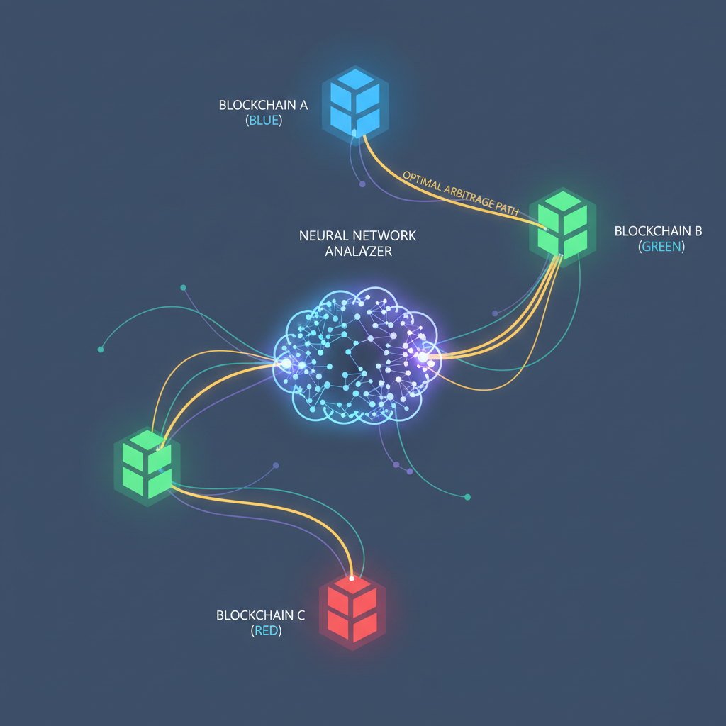 neural network detecting arbitrage paths between blockchains, glowing nodes connected