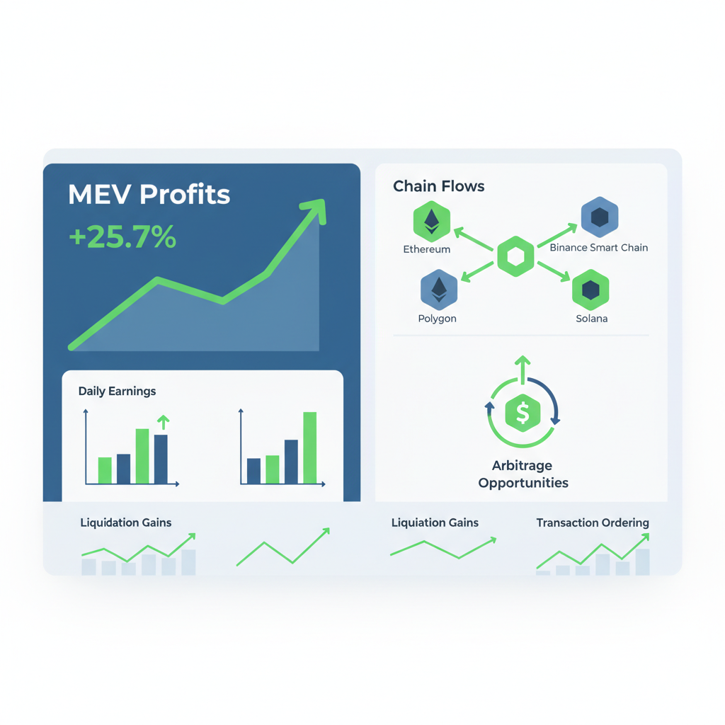 analytics dashboard showing MEV profits and chain flows, green upward graphs