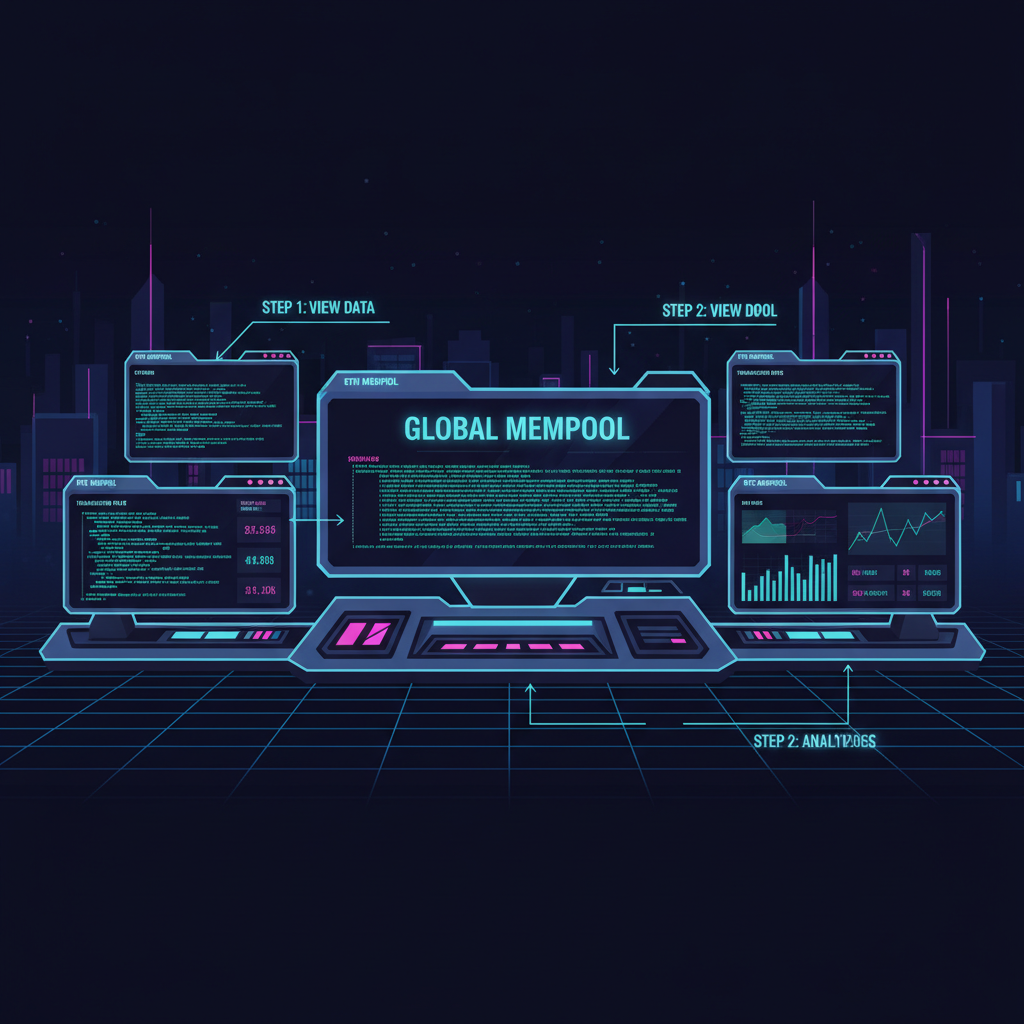 dashboard with multiple blockchain mempools streaming data, neon cyberpunk style