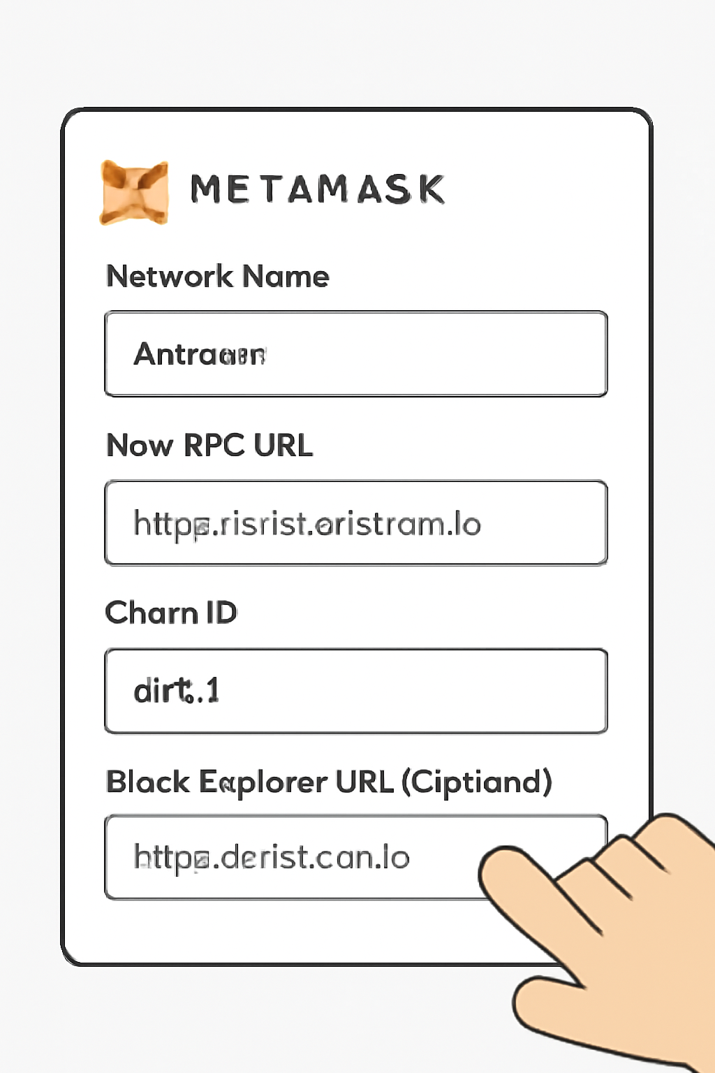 A digital form being filled out with Arbitrum network details in MetaMask, with fields for network name, RPC URL, chain ID, and block explorer URL.