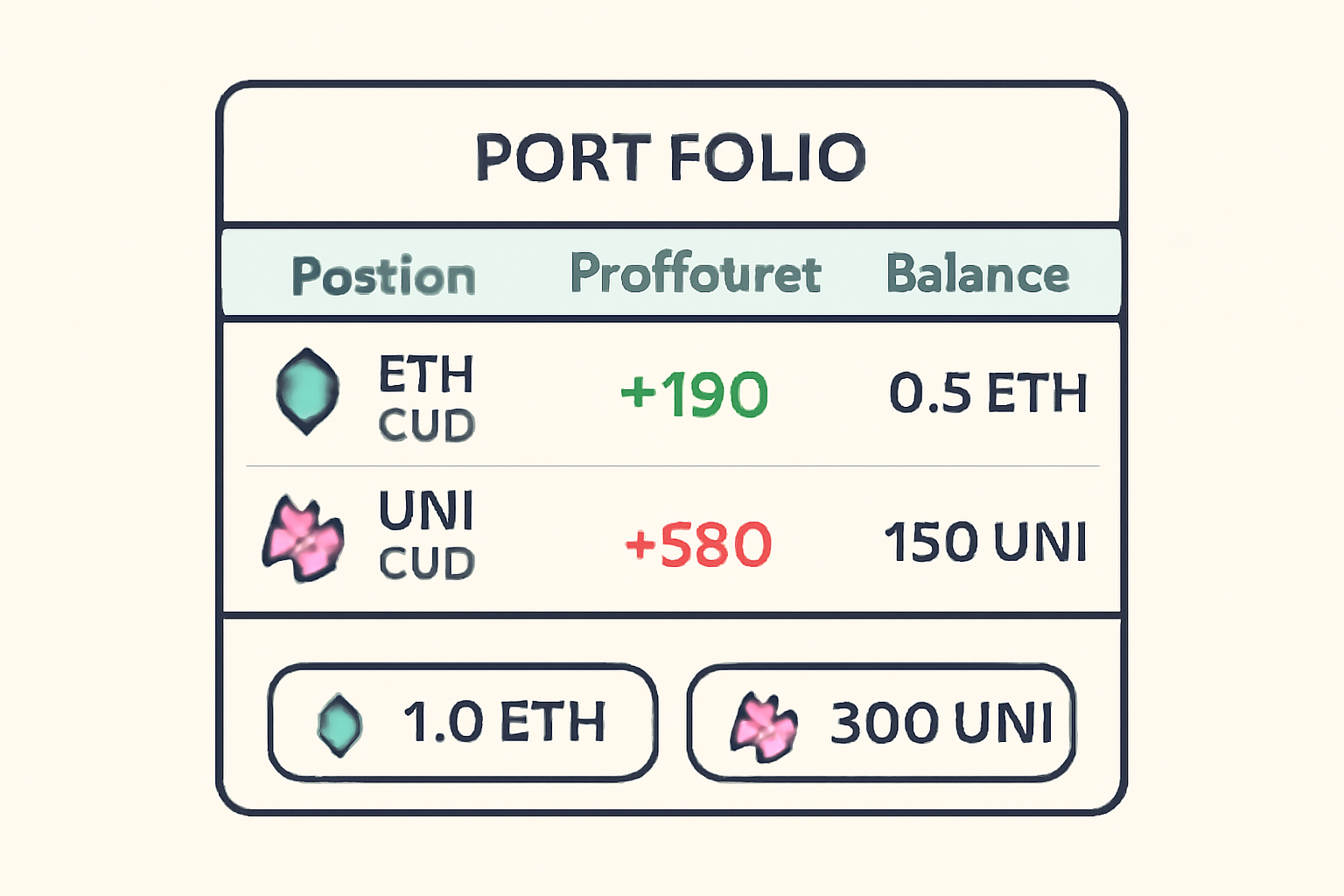 A portfolio screen showing open positions, profit/loss metrics, and token balances after a swap.