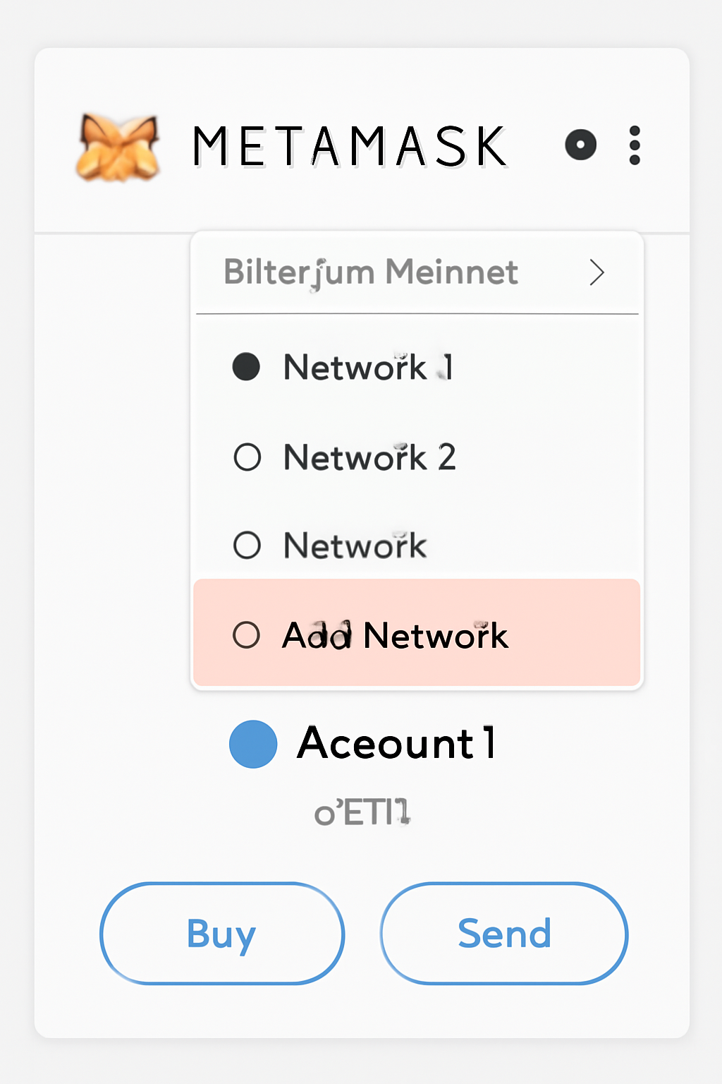 A screenshot-style illustration of the MetaMask wallet interface with the network dropdown open and the 'Add Network' option highlighted.
