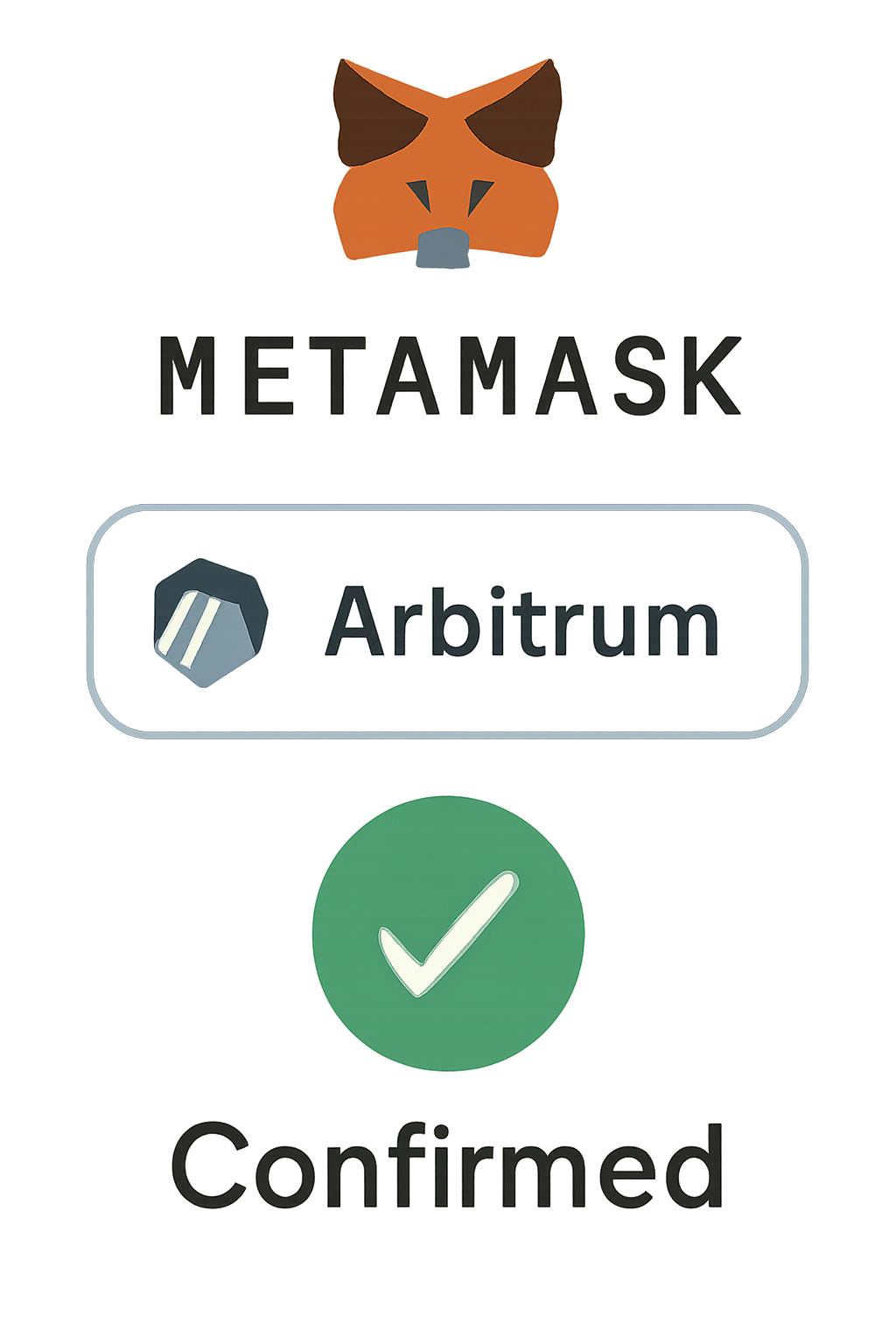 A confirmation screen in MetaMask showing the Arbitrum network selected and ready, with a checkmark indicating success.