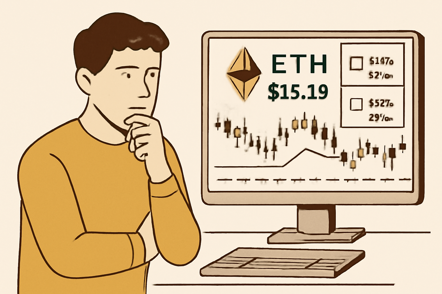 A thoughtful trader reviewing charts and risk management settings, with ETH price at $15.49 on the screen.