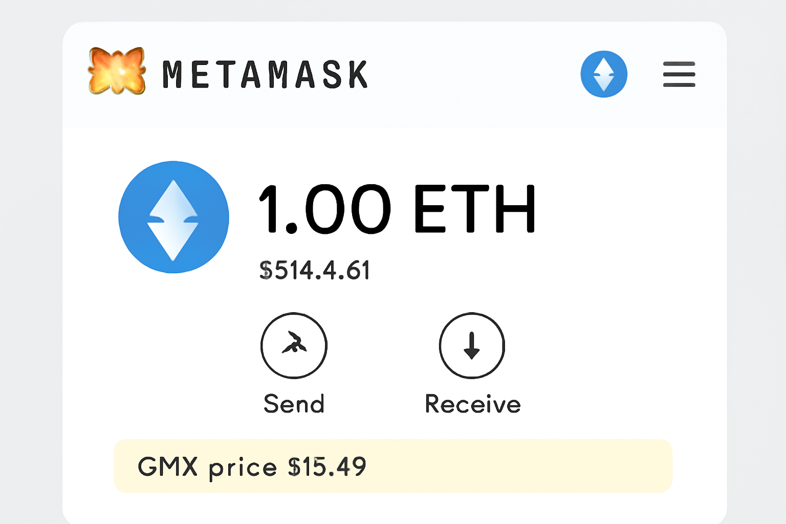 A MetaMask wallet dashboard displaying ETH balance on the Arbitrum network, with a note about GMX price at $15.49.