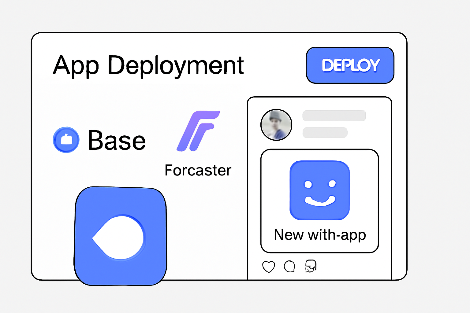 App deployment dashboard with 'Deploy' button, Base and Farcaster logos, and a user feed displaying the new mini-app.