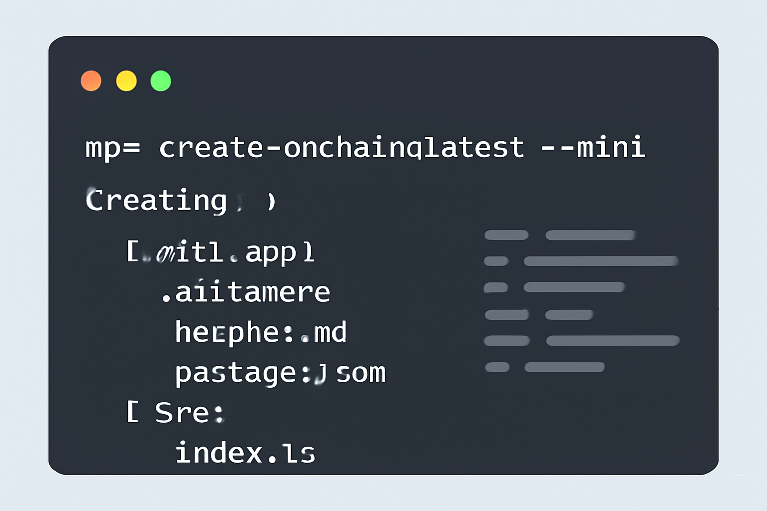 Terminal window with the command 'npx create-onchain@latest --mini' being executed, code lines and project folder structure appearing.