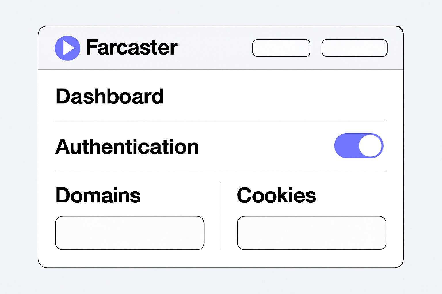 Dashboard UI with Farcaster logo, toggles for authentication, and settings for domains and cookies.