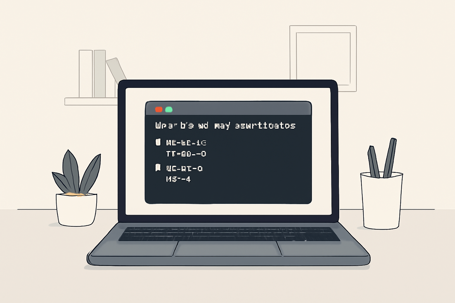 A developer's laptop screen displaying Node.js and npm installation with terminal open, modern workspace, minimalistic style.