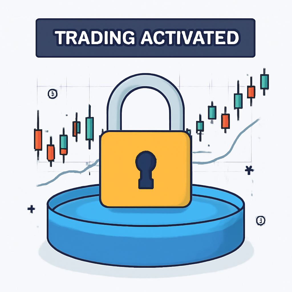 A padlock over a liquidity pool, with trading charts and a 'Trading Activated' banner, modern and trustworthy vibe