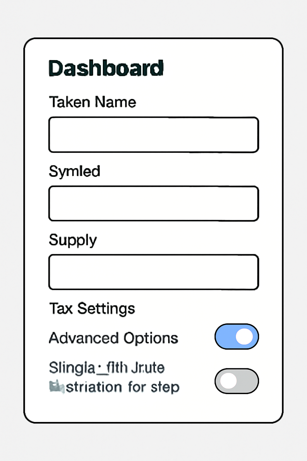 A dashboard form with fields for token name, symbol, supply, and tax settings, with toggles for advanced options