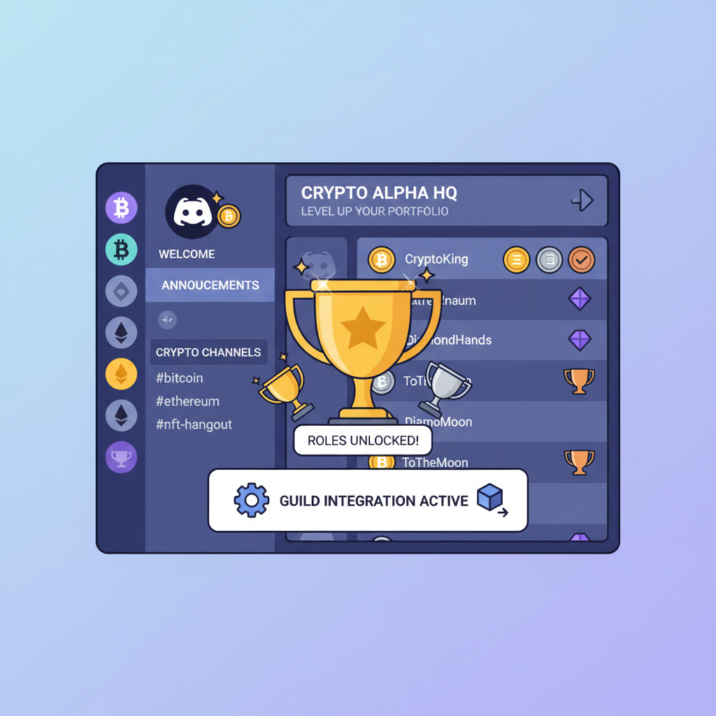 discord server with crypto roles badges unlocked, base guild integration, trophy icons shining