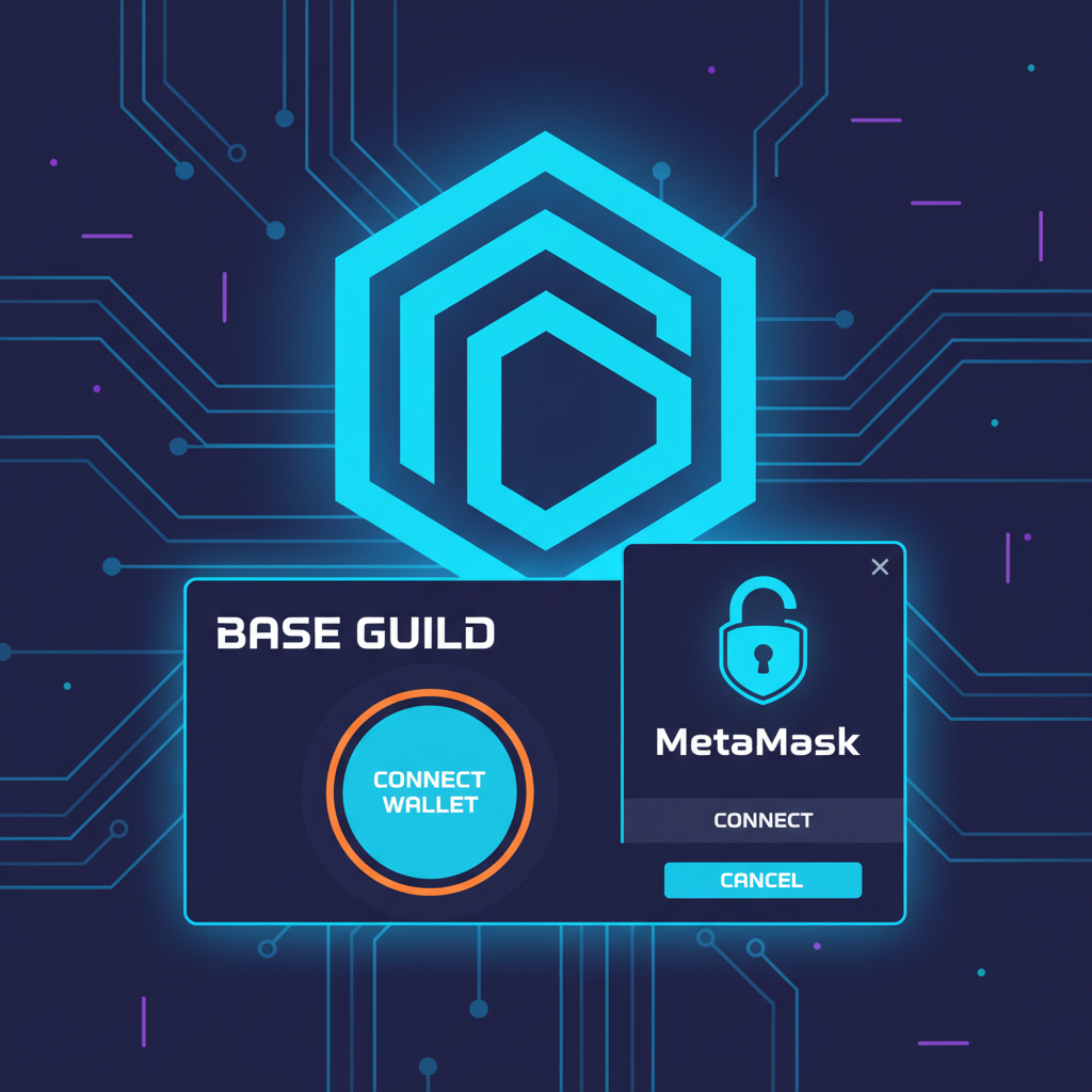 wallet connection interface on Base Guild, MetaMask popup, secure lock icon, Base chain logo glowing, cyberpunk style --ar 16:9