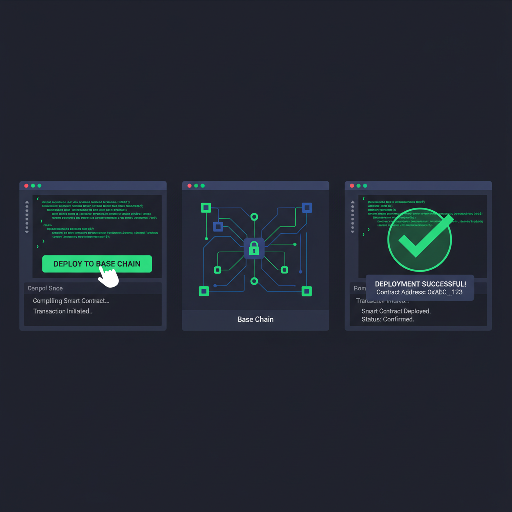 remix ide deploying smart contract to base chain, code editor with green success check, hacker aesthetic