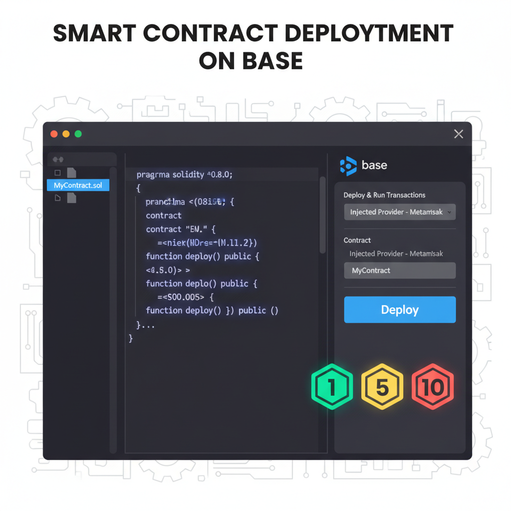smart contract deployment on Base, Remix IDE screenshot stylized, builder badge icons (1,5,10), code glowing, maker aesthetic --ar 16:9