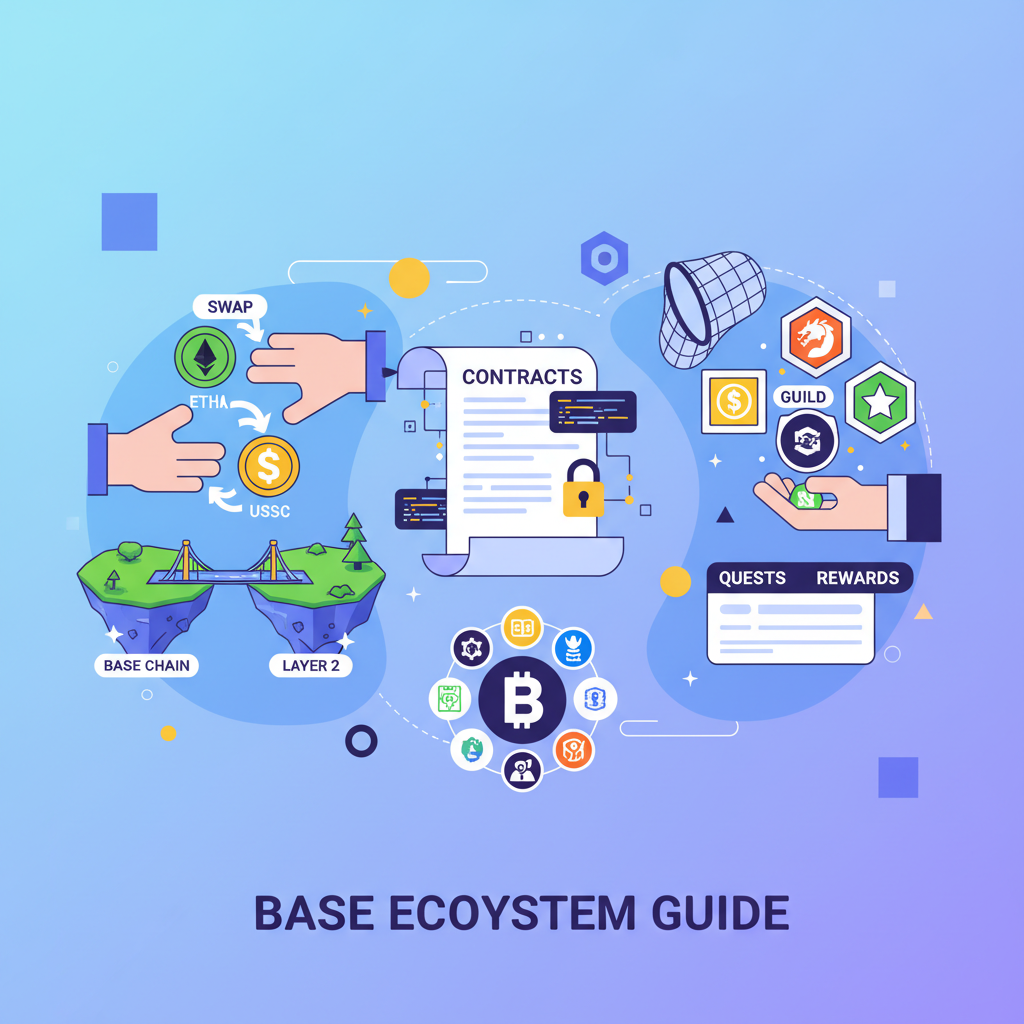 diverse Base ecosystem activities montage: swaps, bridges, contracts, guild badges collection, vibrant crypto collage --ar 16:9