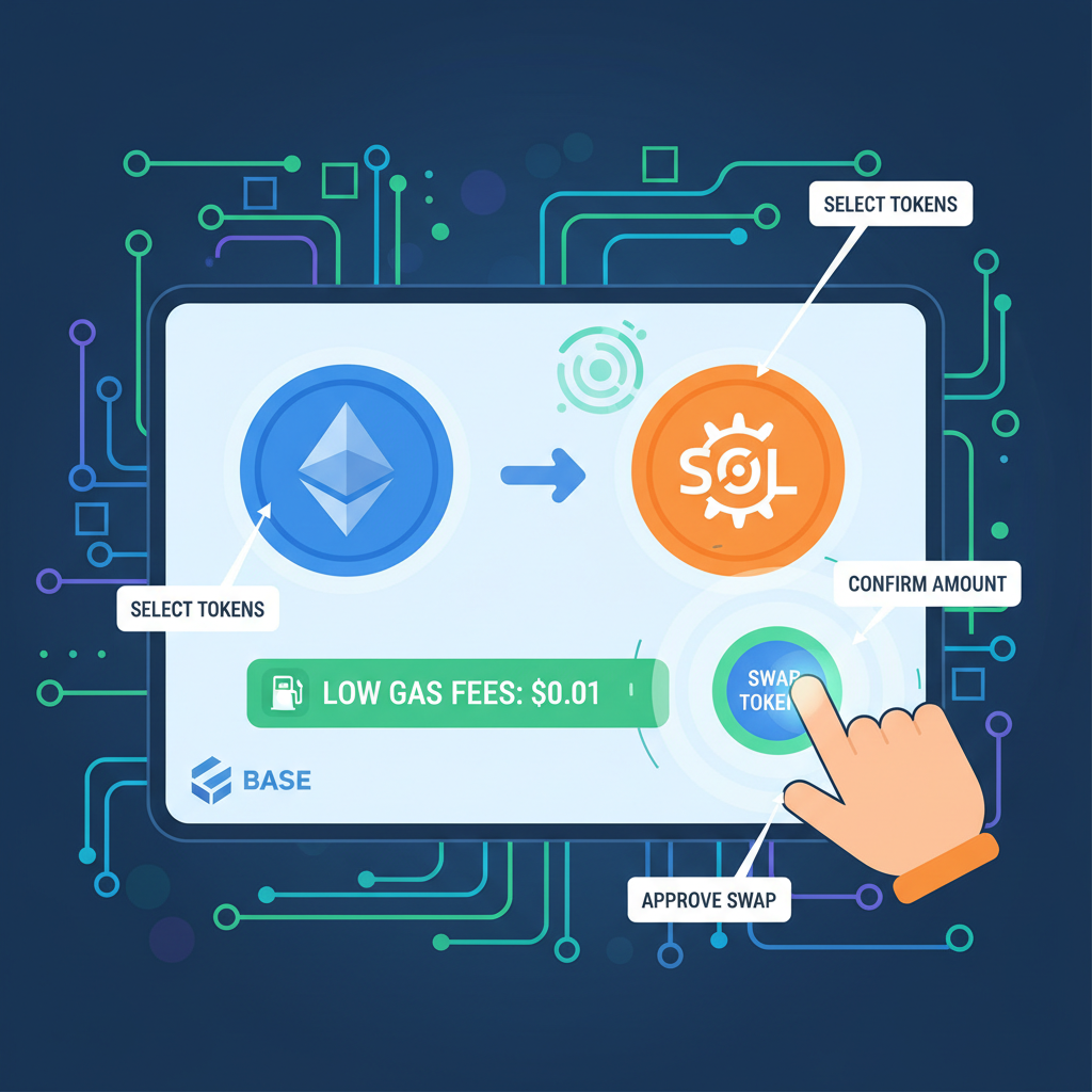 user swapping tokens on DEX interface, base chain, low gas fees animation, vibrant crypto art