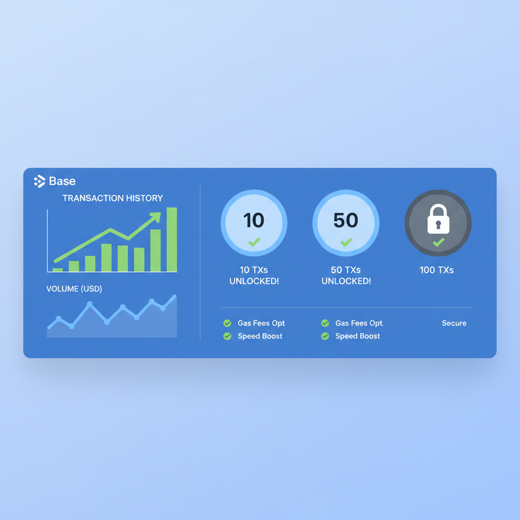 transaction history chart on Base network, badges unlocking at 10 and 50 TXs, green checkmarks, dynamic graphs, crypto dashboard vibe --ar 16:9