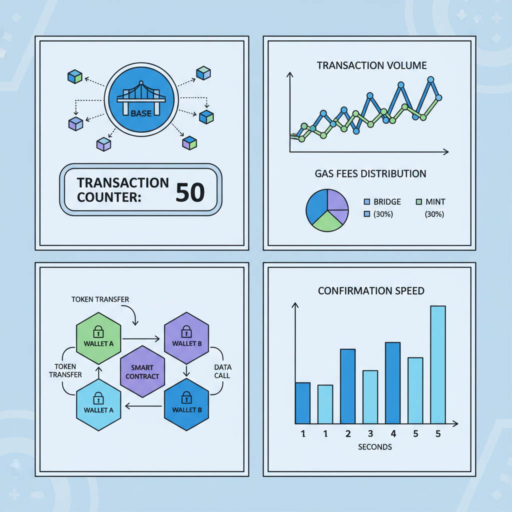 montage of multiple blockchain transactions on base network, transaction counter at 50, dynamic charts