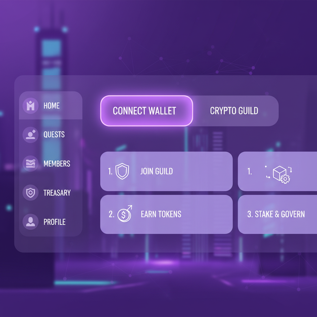 sleek crypto guild dashboard with glowing connect wallet button, purple base theme, futuristic UI