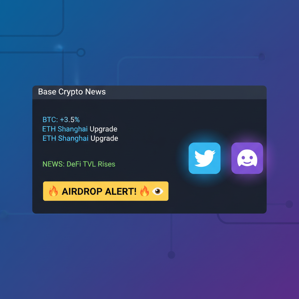 Base crypto news feed, Twitter Discord icons, airdrop alert notification, watchful eye emoji, dark mode terminal --ar 16:9