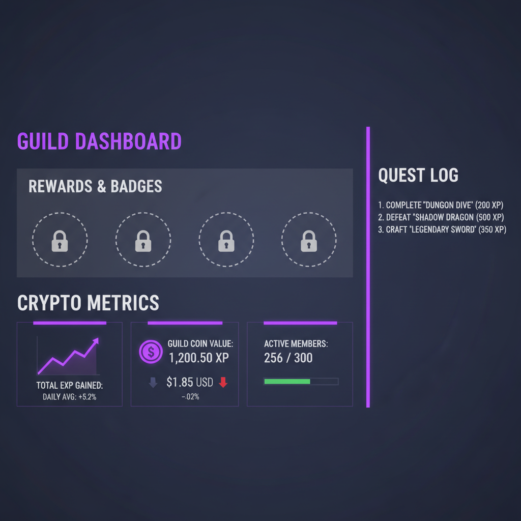 base guild dashboard showing empty badges section, crypto metrics UI, neon purple accents