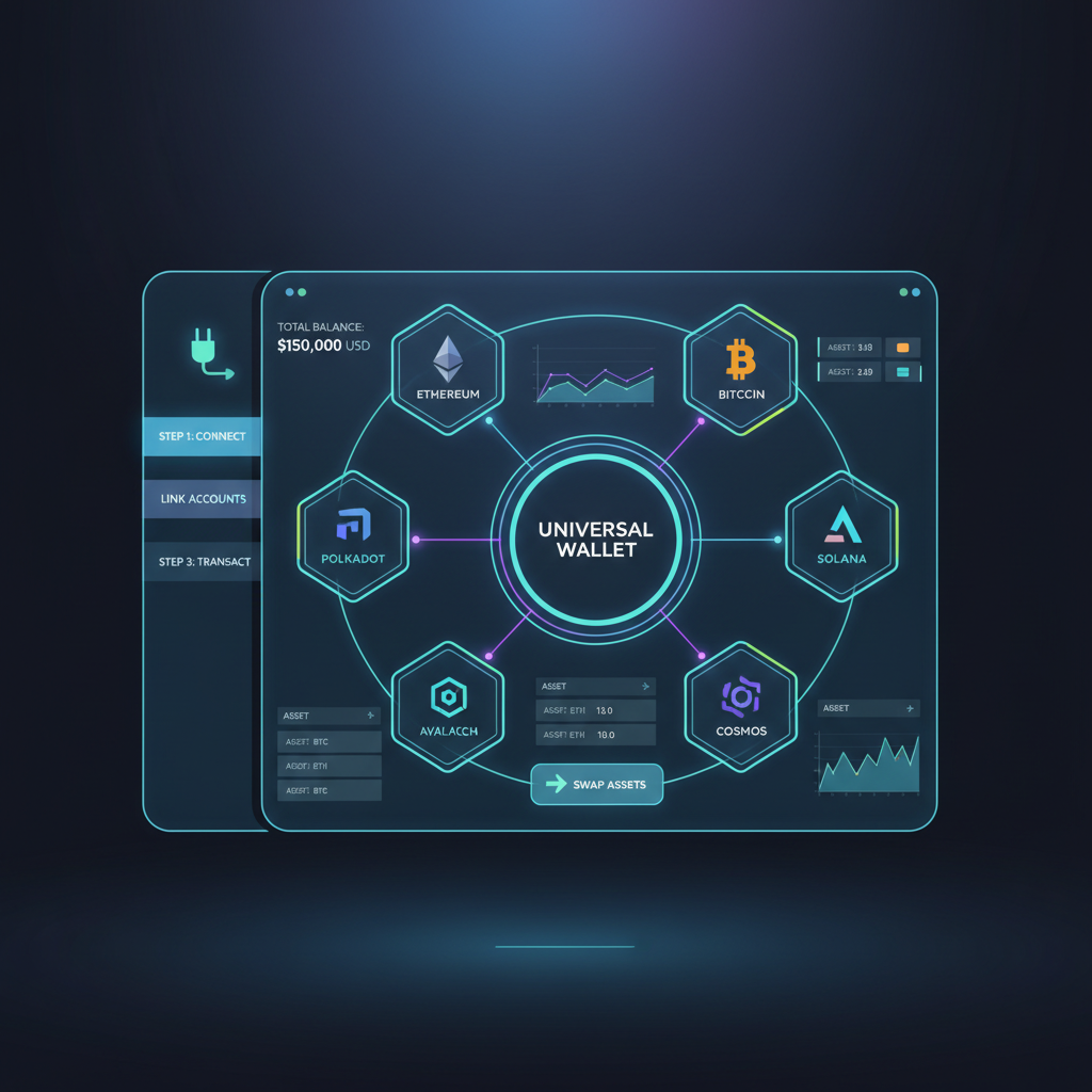 sleek unified crypto wallet dashboard showing multiple chains connected, clean UI, holographic display