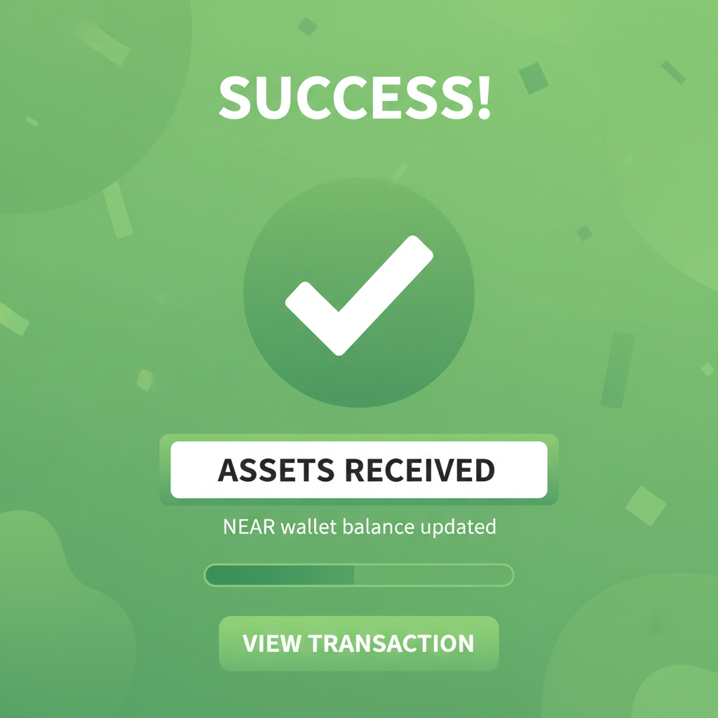 success confirmation screen, assets received notification, checkmark, NEAR wallet balance updated, celebratory green theme