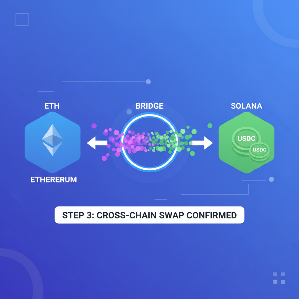 cross-chain swap animation ETH to USDC flowing between blockchains, smooth particle effects, high-tech