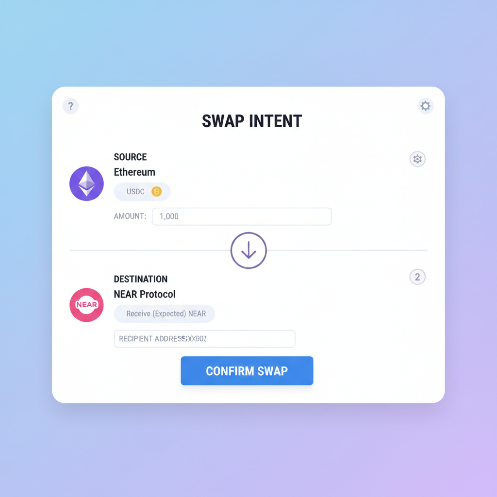 swap intent form in wallet UI, source Ethereum USDC to NEAR destination, input fields, chain icons, intuitive design