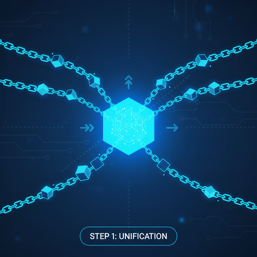 futuristic blockchain chains merging into one unified interface, neon blue glow, abstract digital art