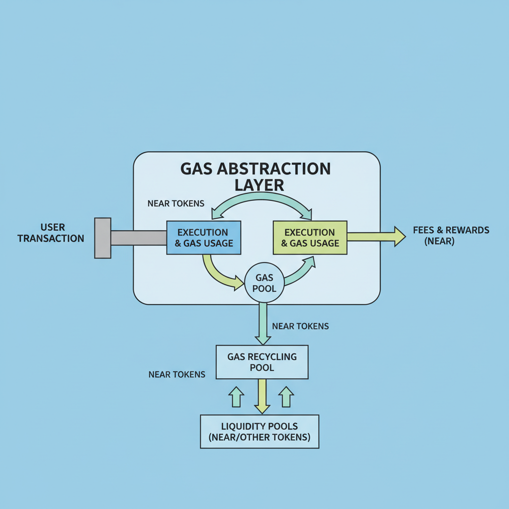 gas abstraction flow with recycling loops and liquidity pools, NEAR tokens circulating, economic diagram art