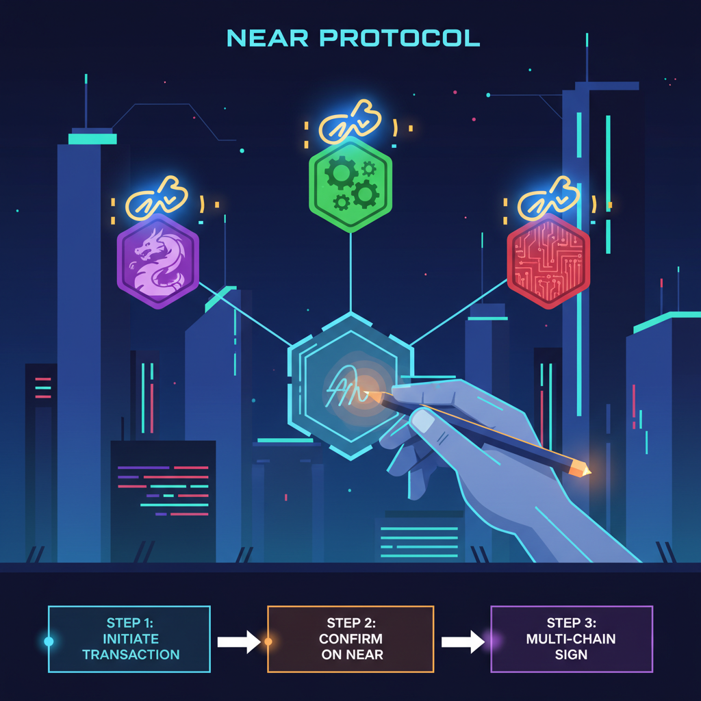 NEAR protocol signing digital transactions across multiple blockchains, signature icons glowing, cyberpunk style