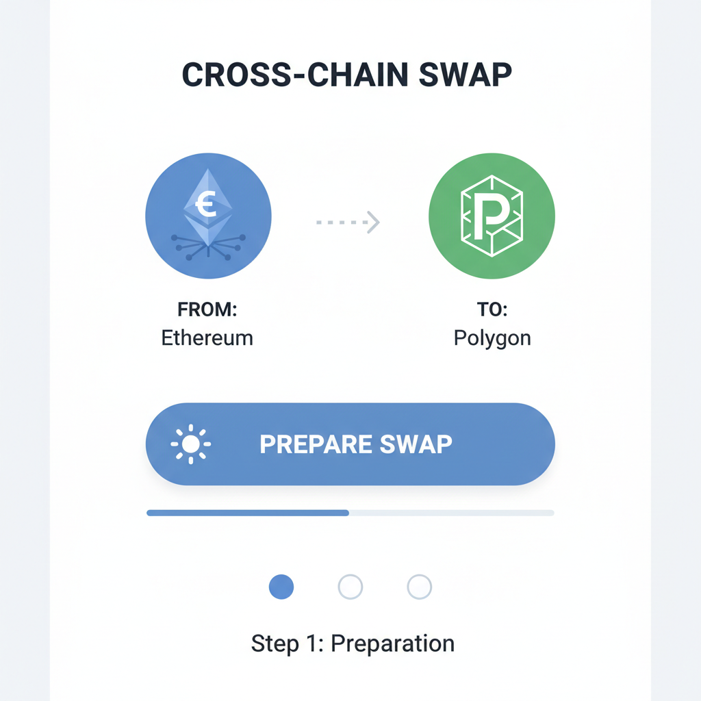 progress tracker UI in wallet, animated cross-chain swap flow, chains connecting, loading bars, dynamic visualization