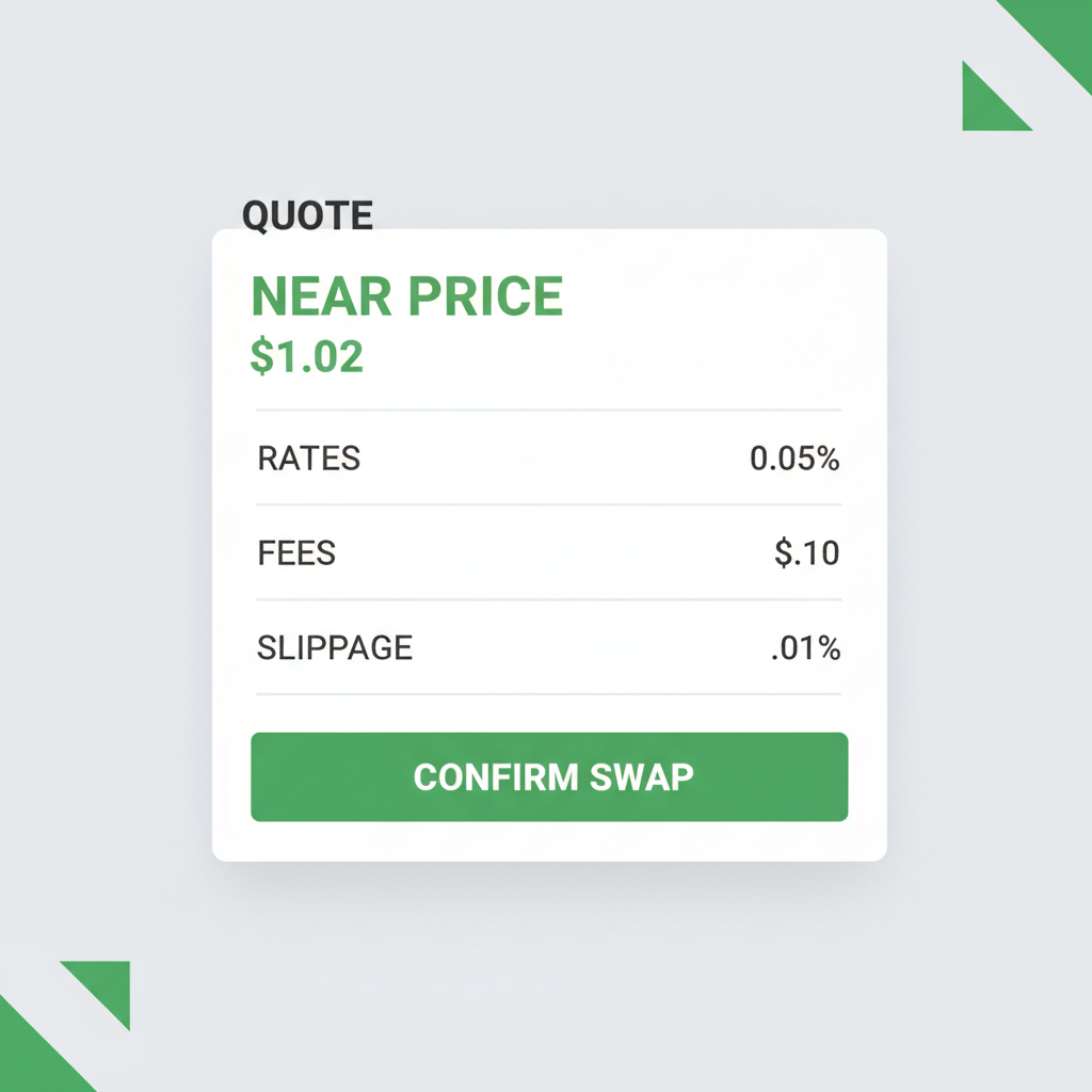 swap quote screen showing rates fees slippage, NEAR price $1.02 display, professional financial UI, green accents