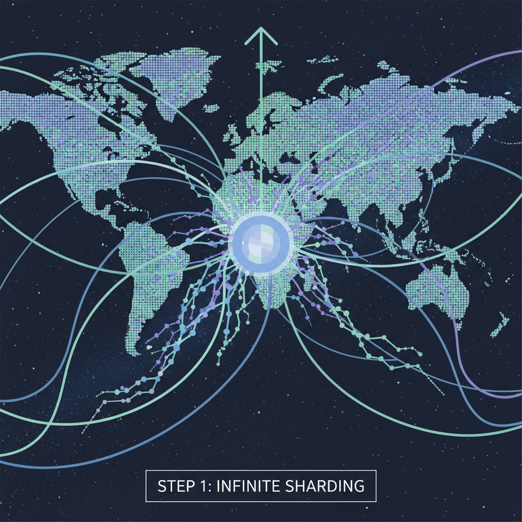 sharded NEAR blockchain scaling infinitely, chains uniting globally, expansive cosmic view