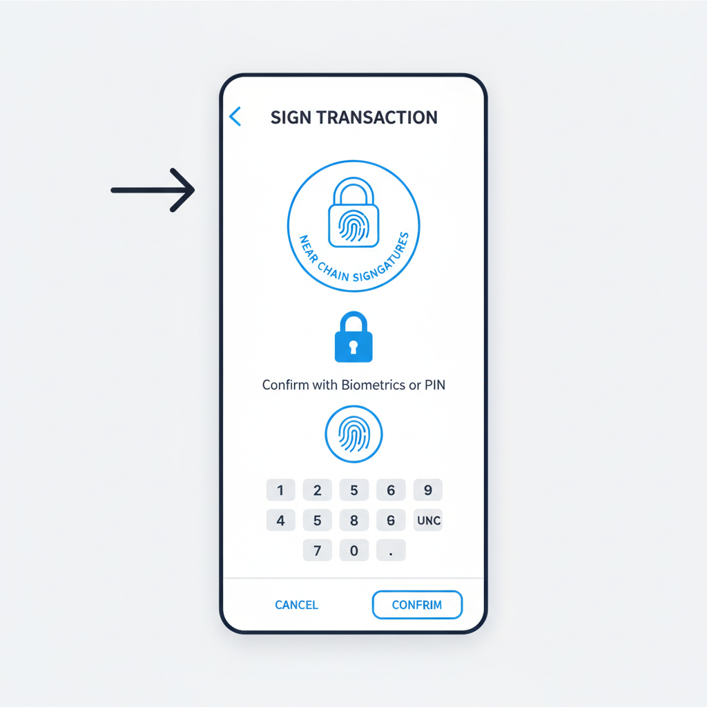 wallet signing transaction screen, biometric or PIN prompt, NEAR chain signatures icon, secure padlock symbol