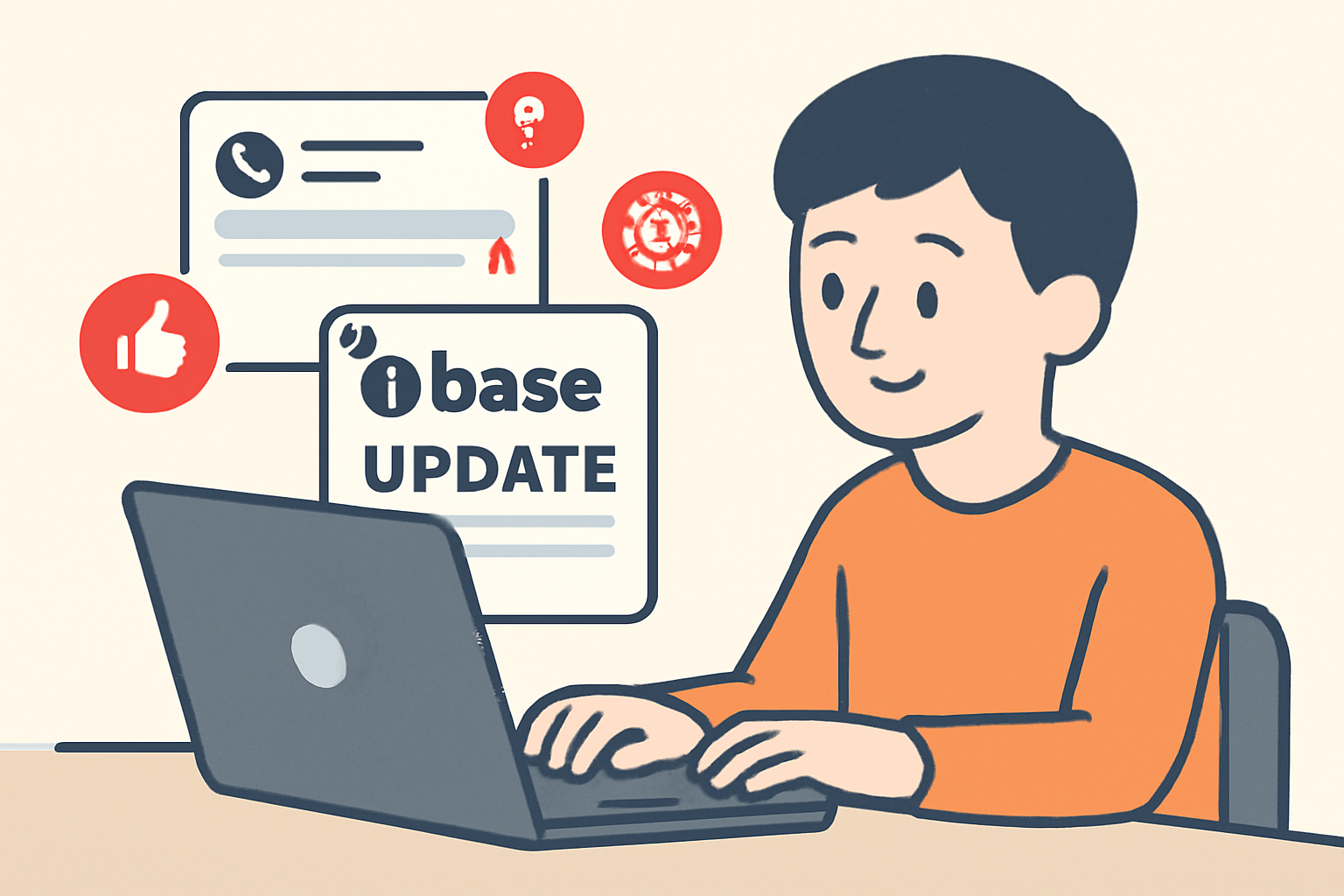 A person checking official Base social media and website updates on a laptop, with notification icons.