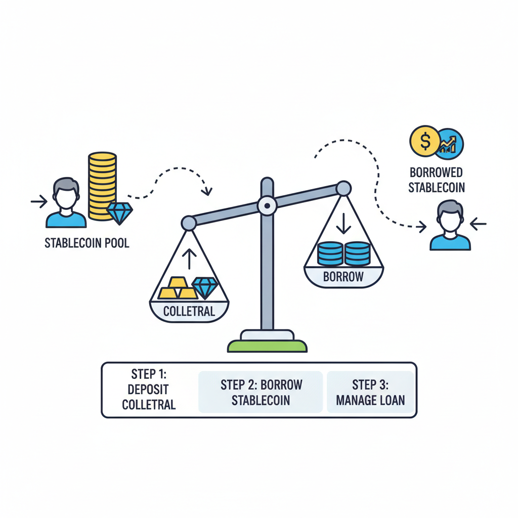 user borrowing stablecoin icons from lending interface, balance scales showing collateral vs borrow
